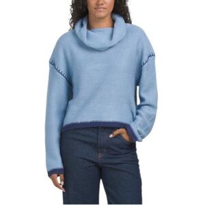 DRIFTWOOD Two Toned Blue Cowl Neck Contrast Stitching Chunky Sweater NWOT XS